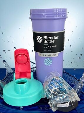 BLENDER BOTTLE Classic Shaker in Lavender with Teal Lid and Coral Flip top NEW